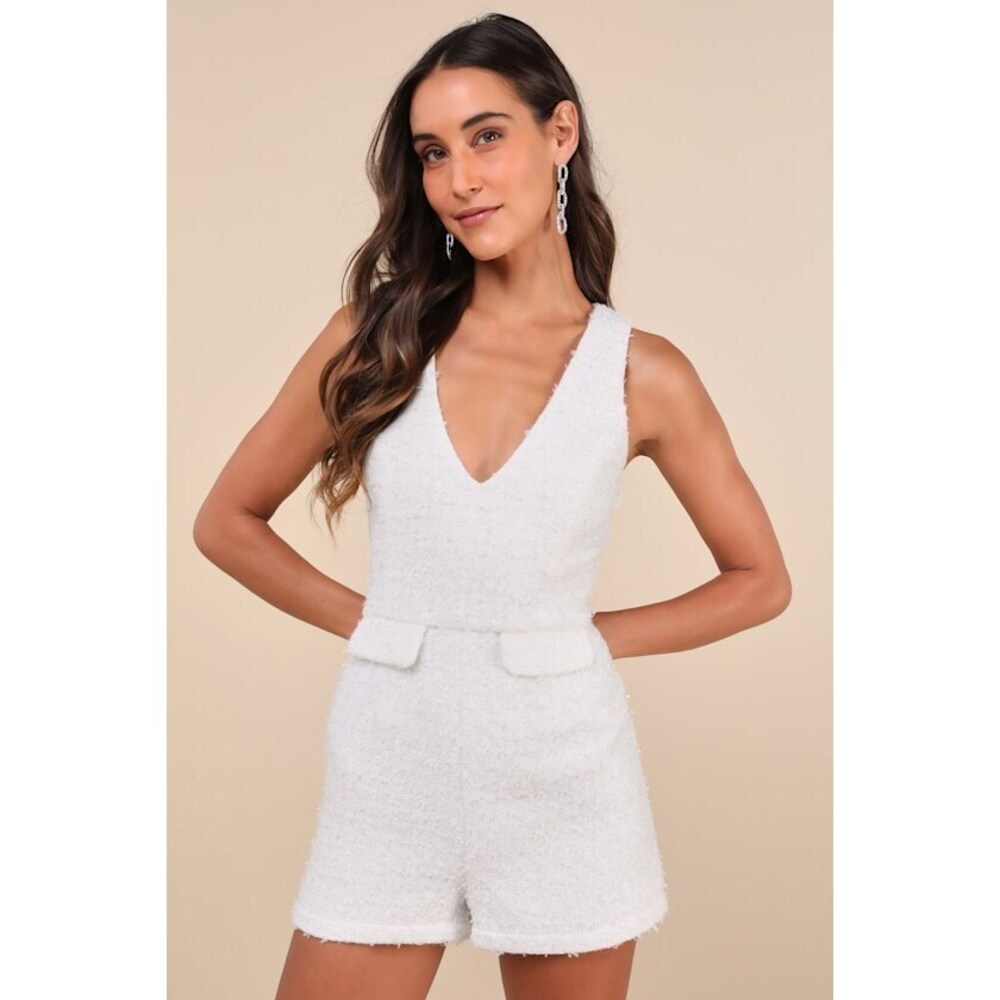 Lulus Compelling Moment White Boucle Lurex Sleeveless Romper - Size L